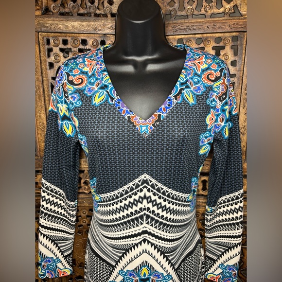 Fire Los Angeles Bodycon Midi Dress Size Small V-Neck Long Sleeve Stretch - Picture 2 of 16